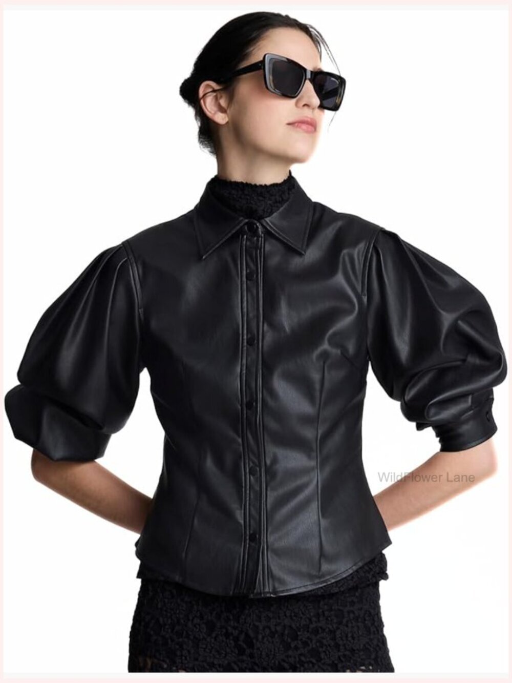 Long Sleeve Faux Leather Snap Front Shirt Blouse